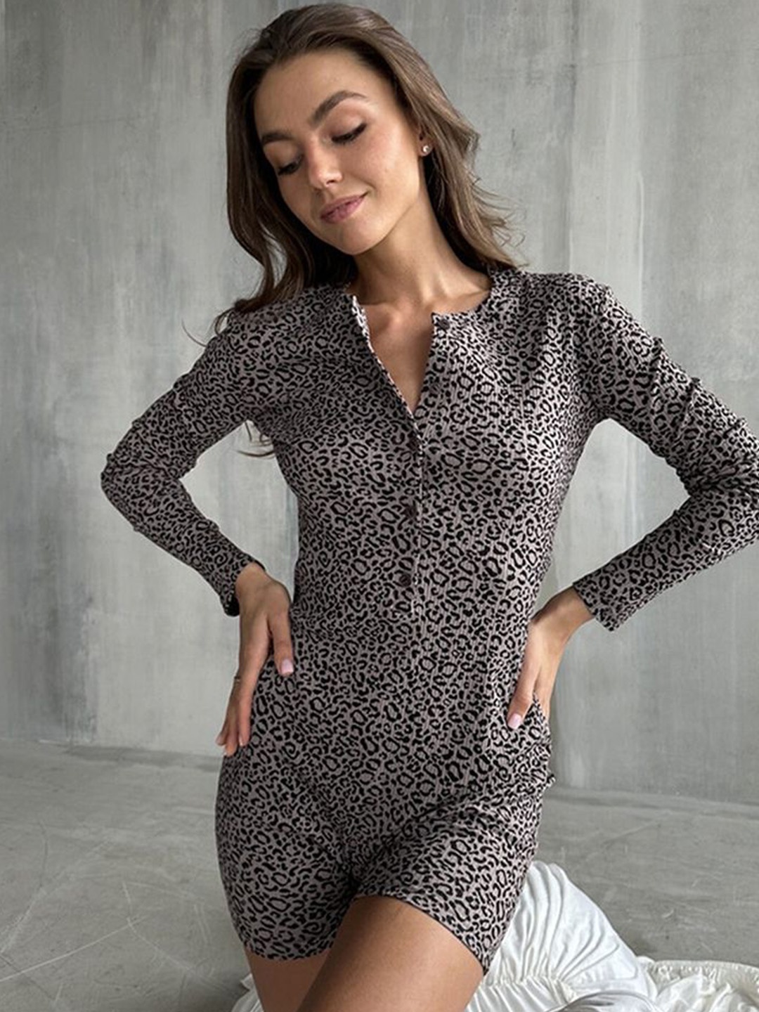 

LULU & SKY Women Animal Pattern Buttoned Front Playsuit, Brown