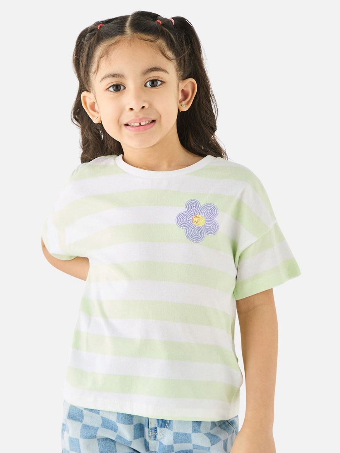 

Juniors by Babyshop Girls Striped Round Neck Cotton Relaxed Fit T-shirt, White