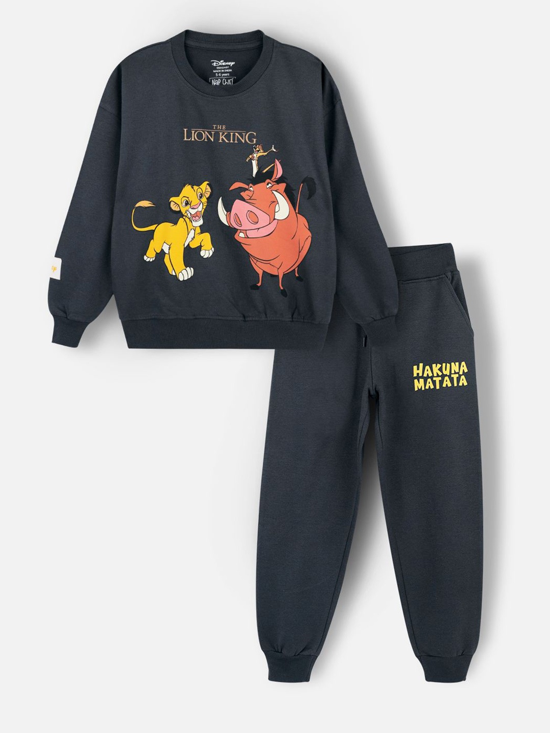 

Nap Chief Kids Hakuna Matata Lion King Printed Pure Cotton Oversized Sweatshirt & Joggers, Black