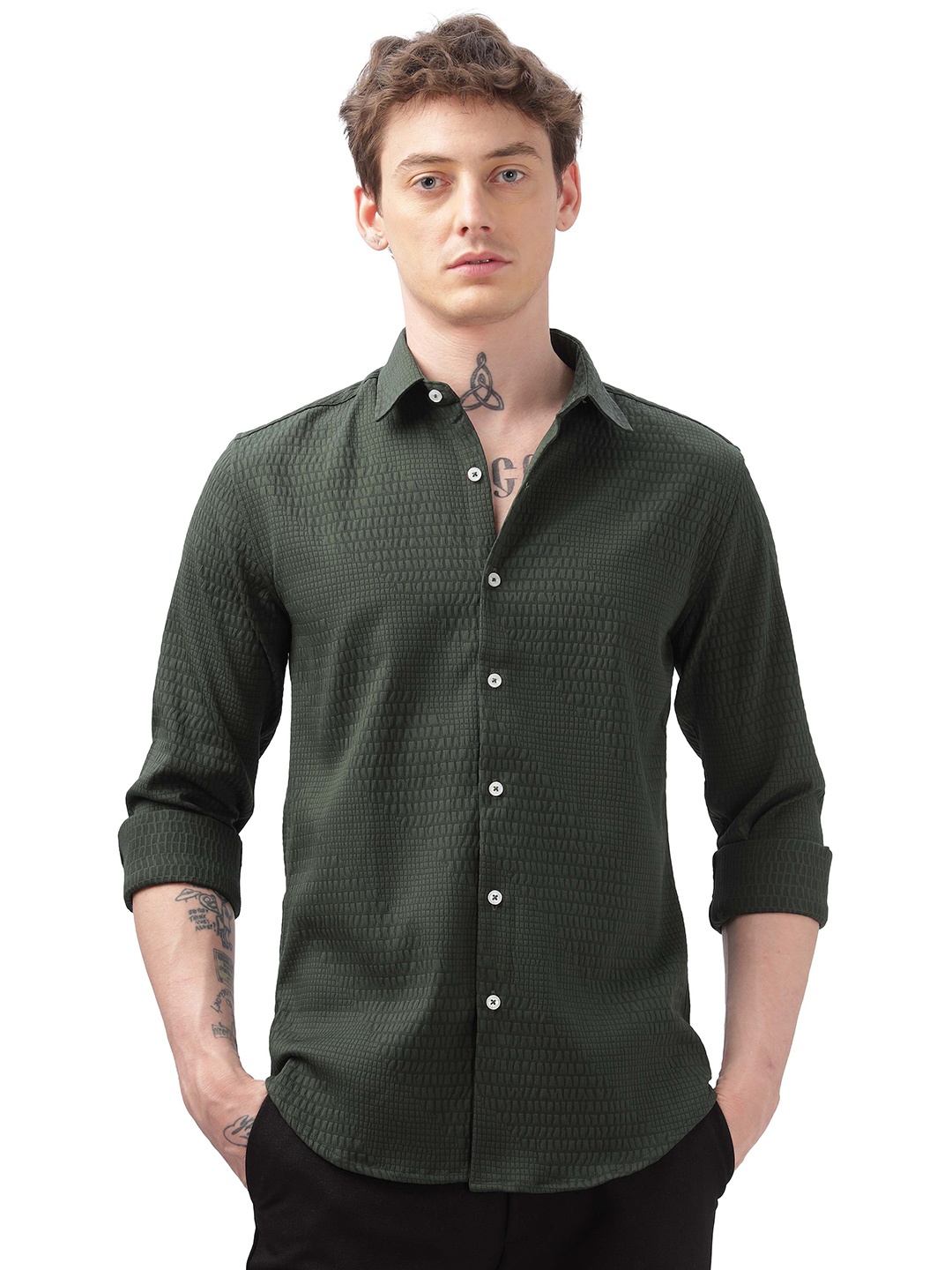 

ilyzly Men Standard Spread Collar Solid Cotton Casual Shirt, Green