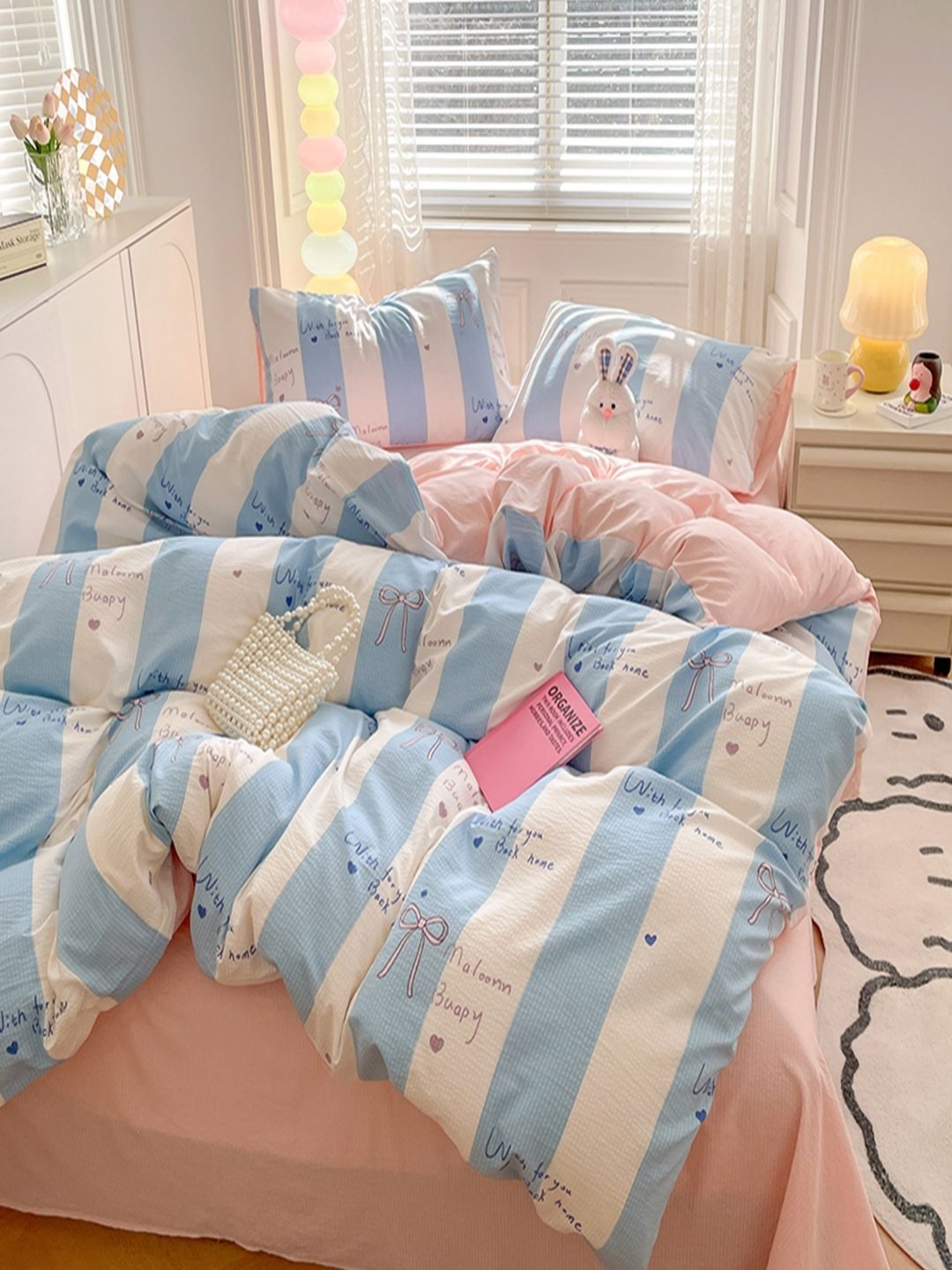 

JC HOME Pink & White Striped Polycotton 3 Piece Double King Regular Bedding Set