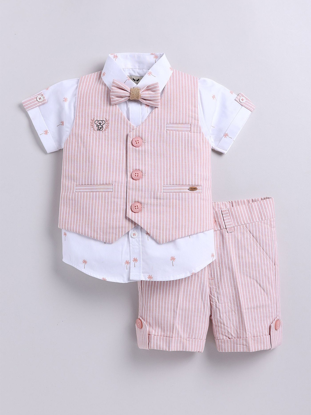 

LITTLE COLLARS Boys Striped Pure Cotton Shirt With Shorts, Peach