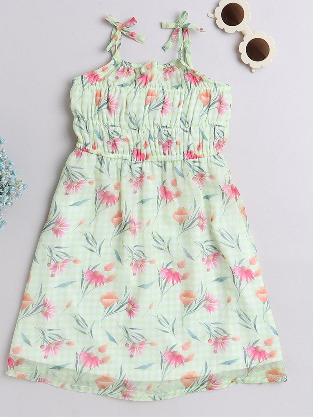 

taffykids Girls Floral Printed Smocked Detail Shoulder Straps Sheath Dress, Sea green