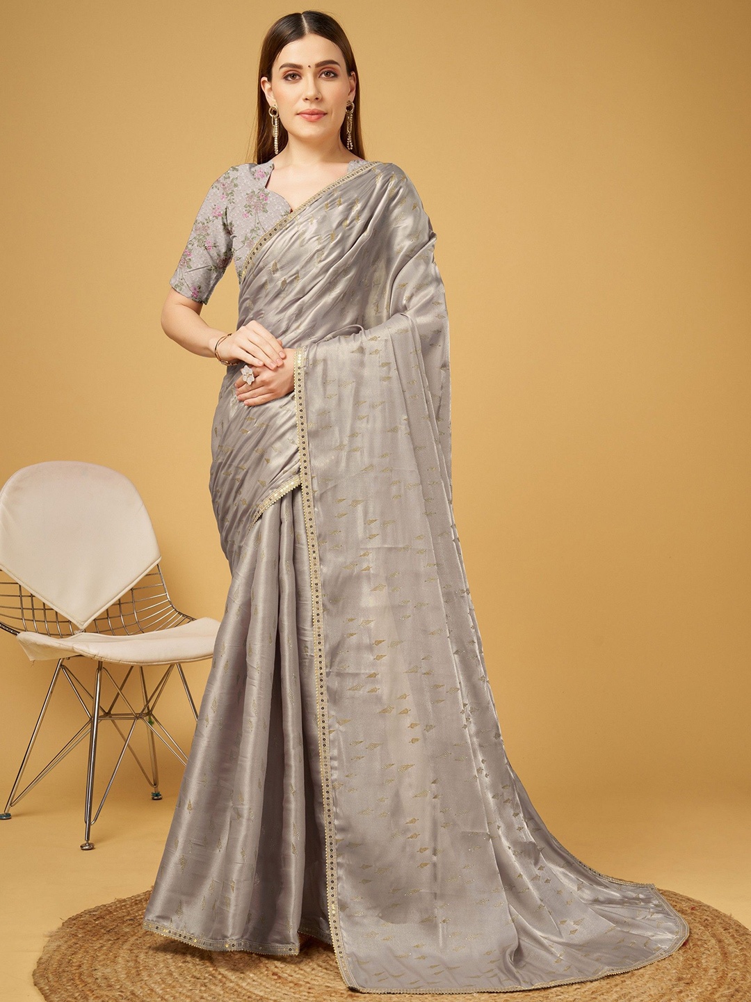 

DIVASTRI Embellished Sequinned Pure Crepe Designer Saree With Heavy Blouse, Khaki