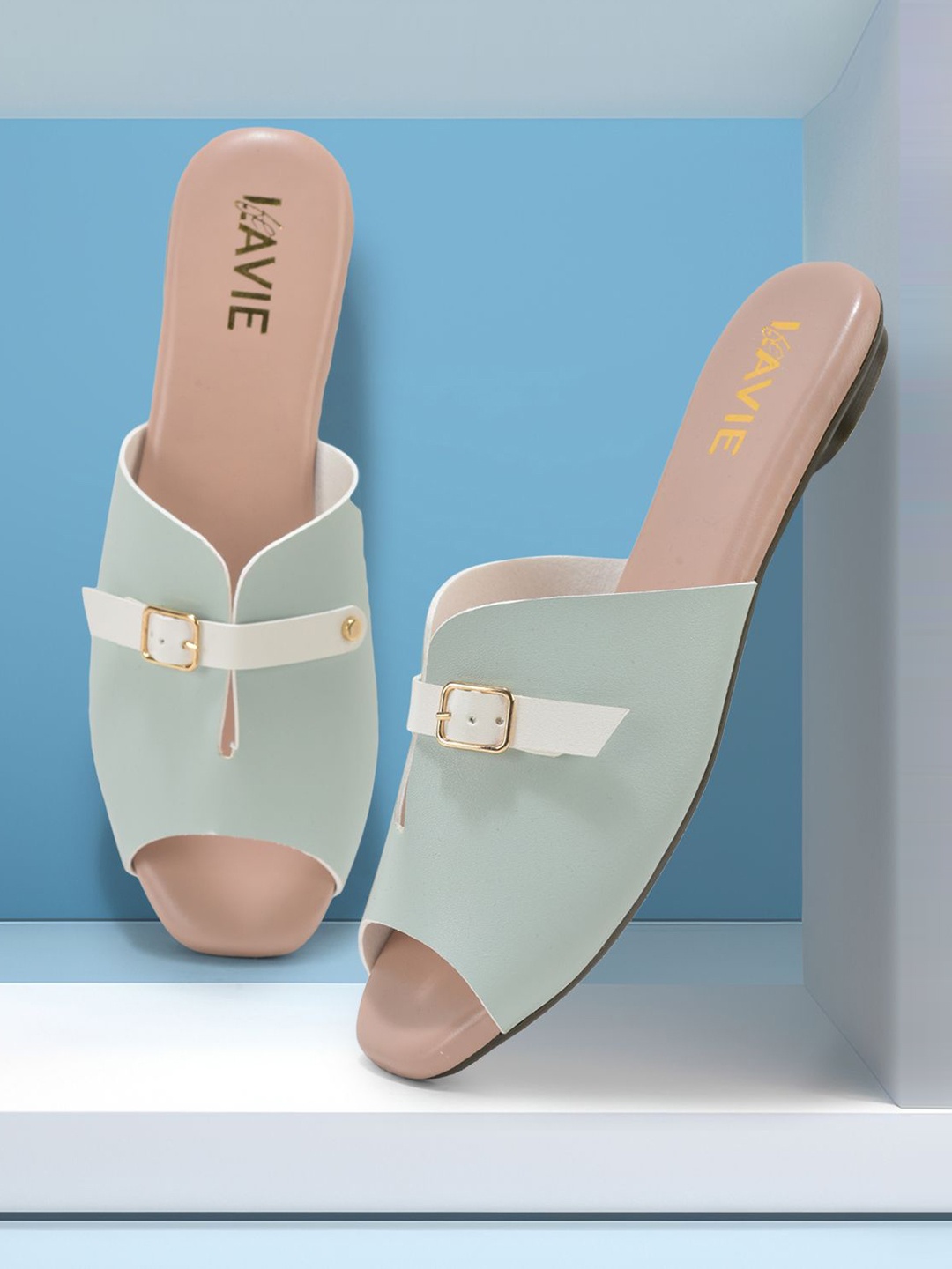

Lavie Women Colourblocked Open Toe Flats with Buckles, Sea green