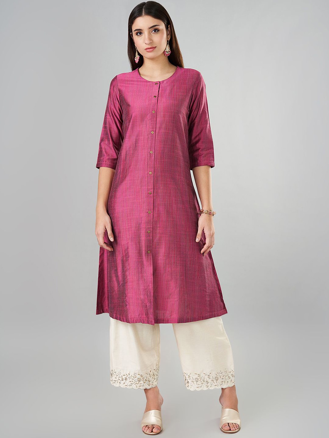 

RANGMANCH BY PANTALOONS Striped Round Neck A-Line Kurta, Pink