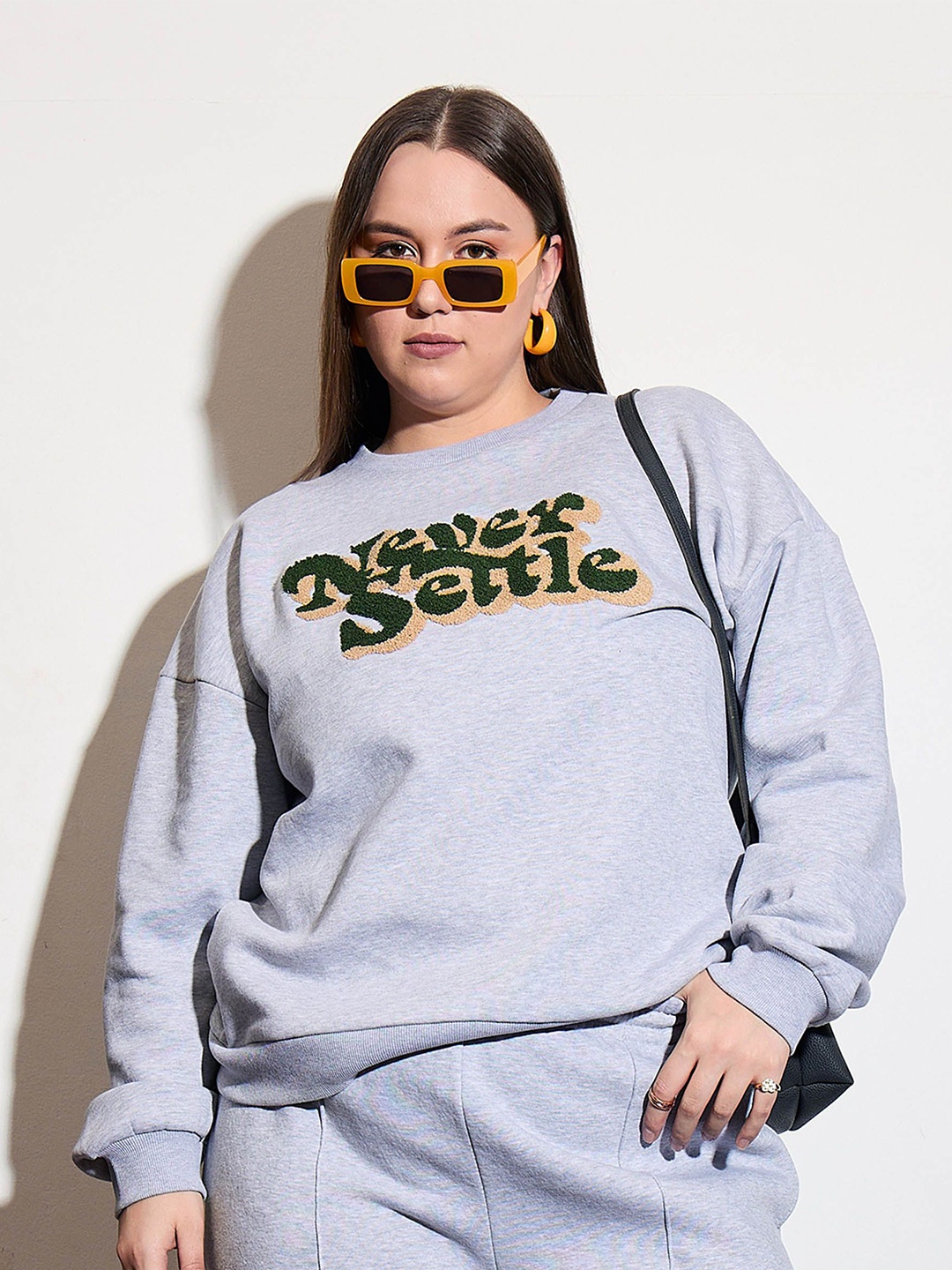 

SASSAFRAS Curve Women Plus Size Typography Embroidered Sweatshirt, Grey