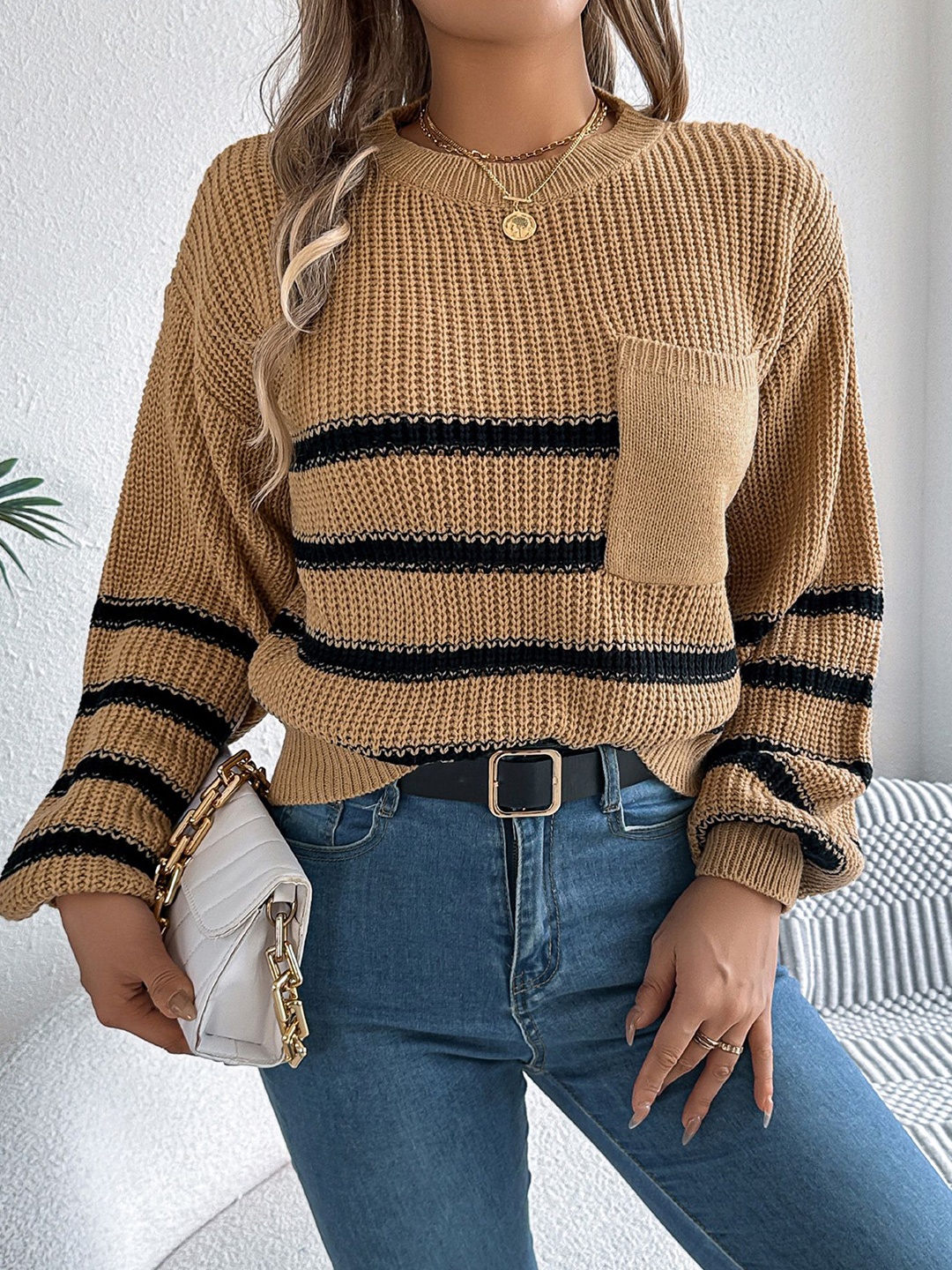 

StyleCast x Revolte Women Striped Pullover Sweaters, Khaki