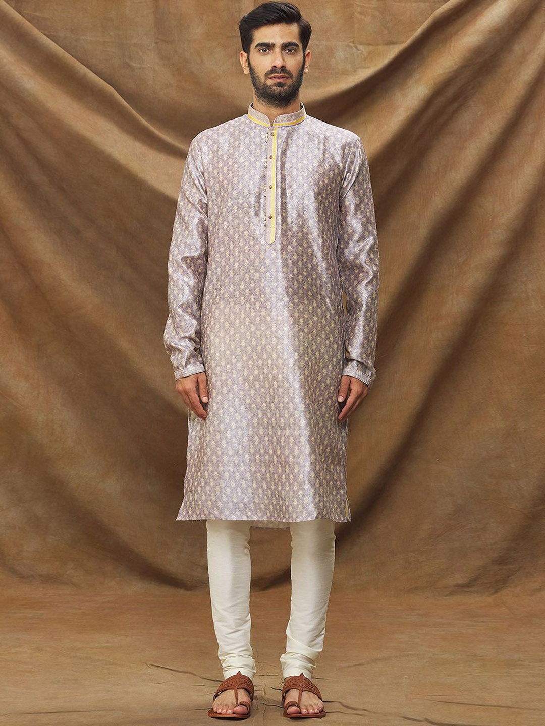 

Samyukta Singhania Men Ethnic Motifs Woven Design Mandarin Collar Kurta With Churidar, Grey