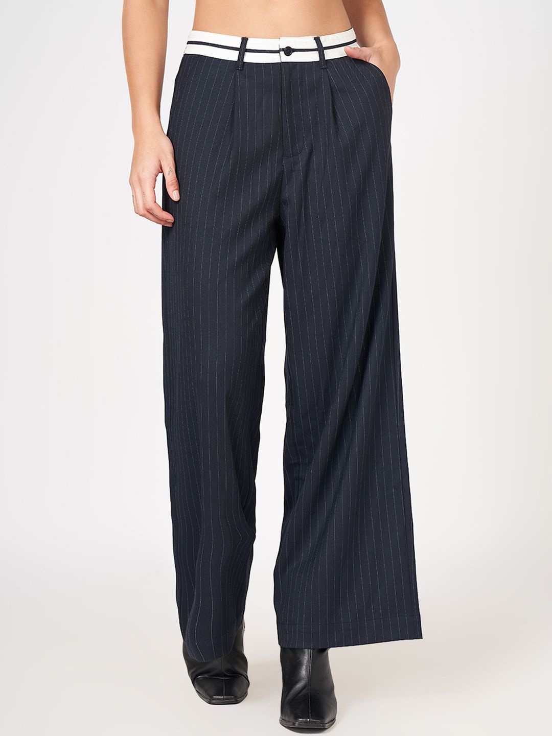 

SF JEANS by Pantaloons Women High-Rise Striped Loose Fit Trousers, Navy blue