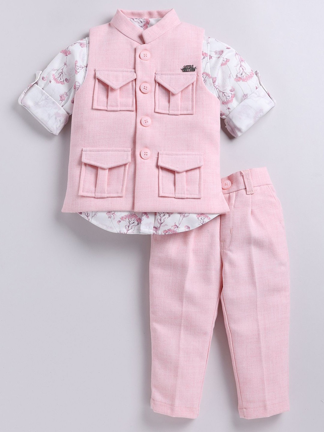 

LITTLE COLLARS Boys Floral Printed Shirt Collar Shirt With Trouser With Nehru Jacket, Pink