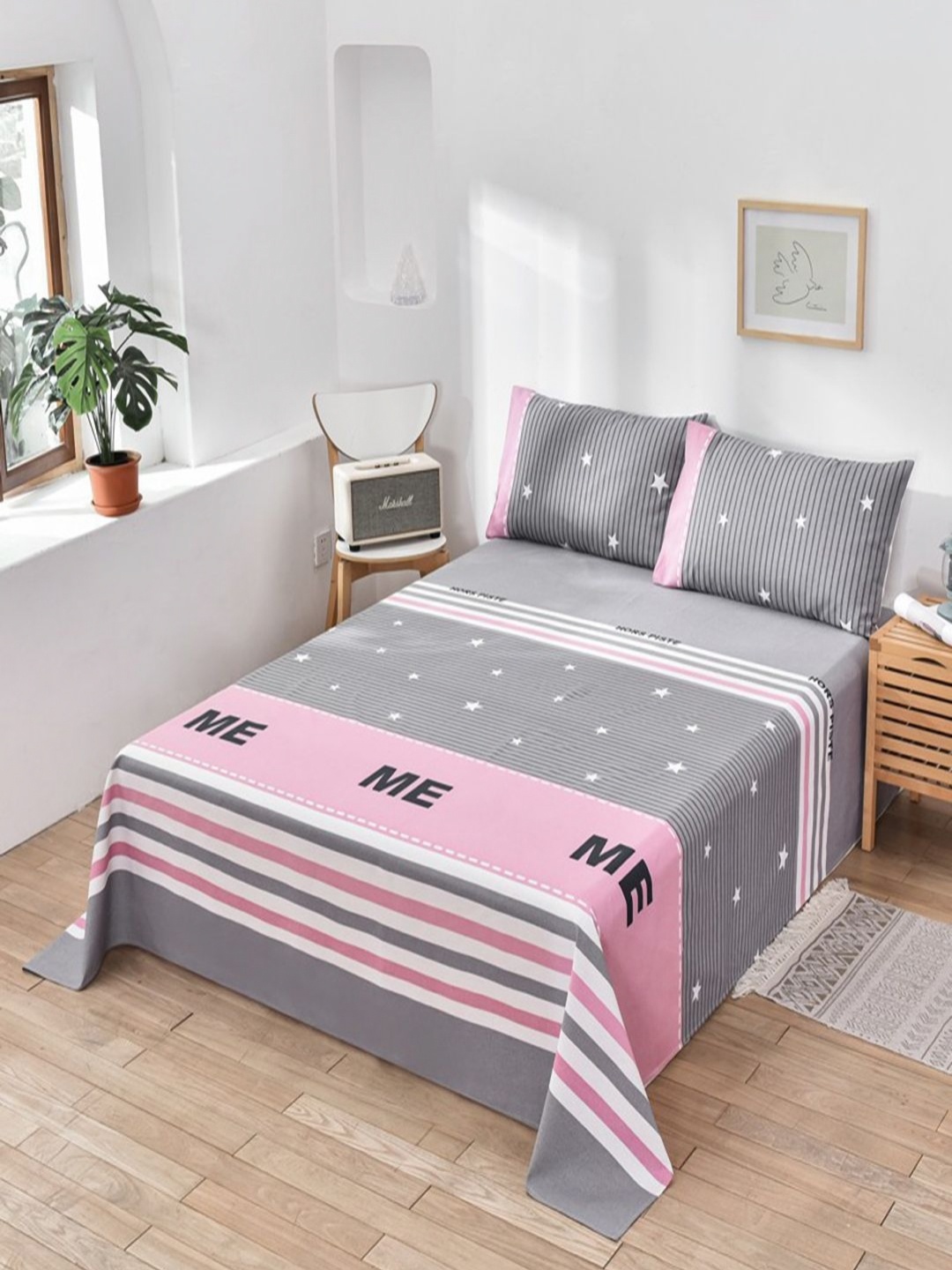 

JC HOME Grey & Pink Striped Pure Cotton 230TC King Bedsheet Set 2.30 m x 2.00 m