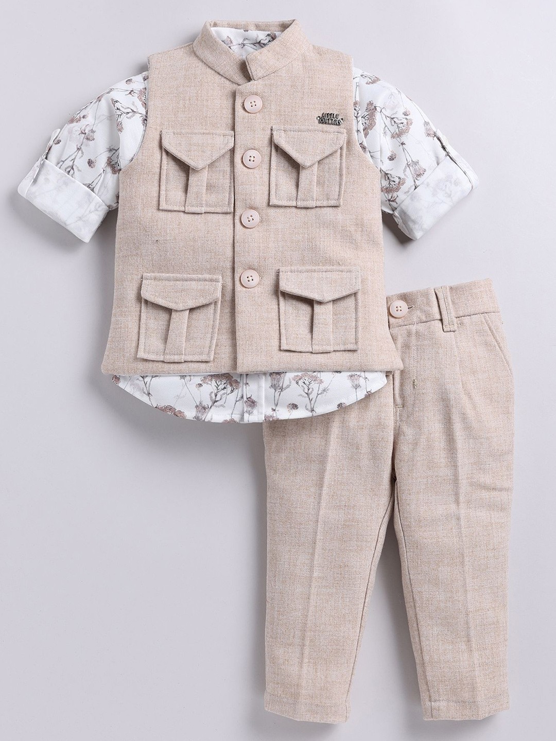 

LITTLE COLLARS Boys Printed 3 Piece Party Suit, Beige