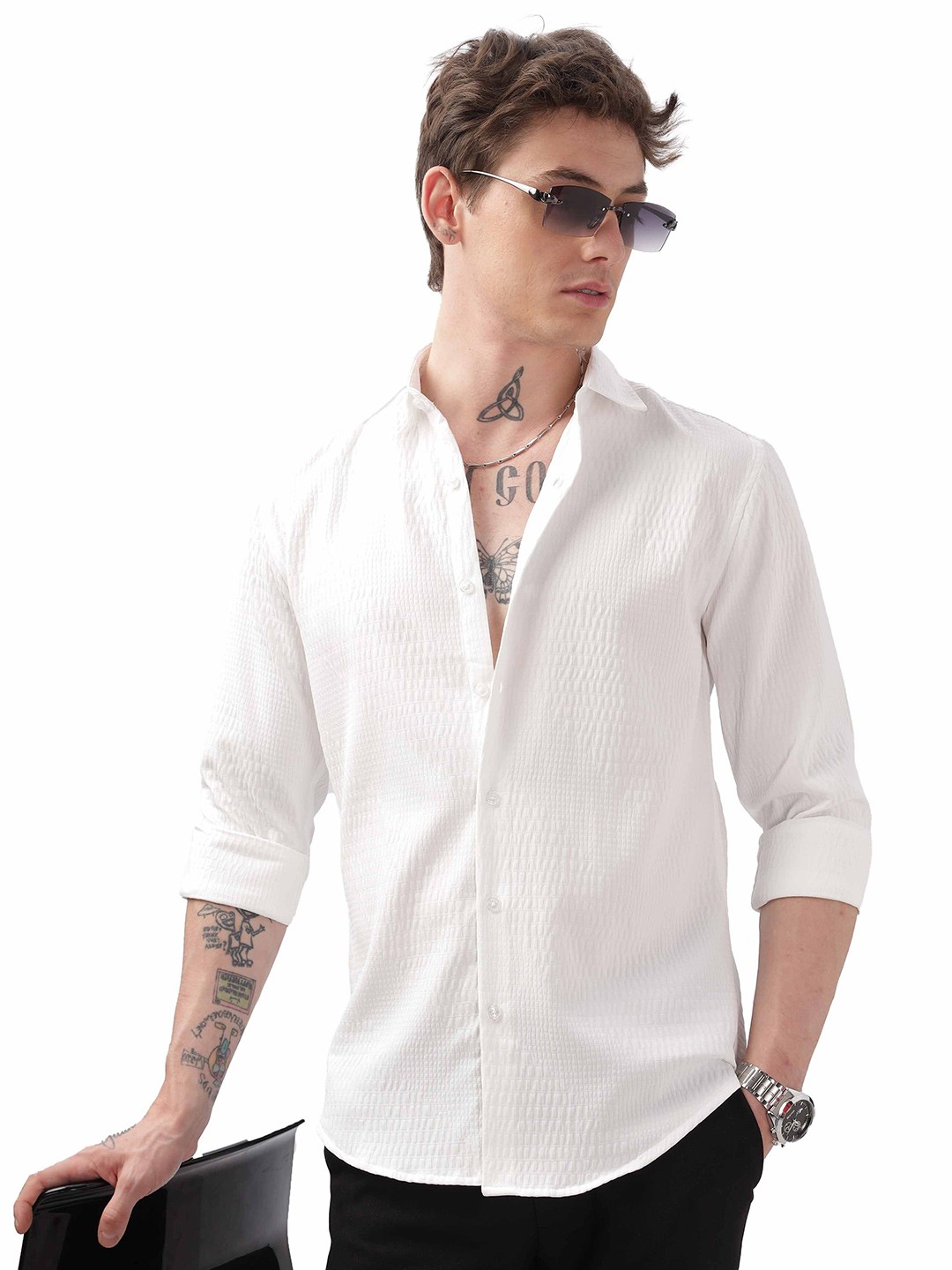 

ilyzly Men Standard Spread Collar Solid Cotton Casual Shirt, White
