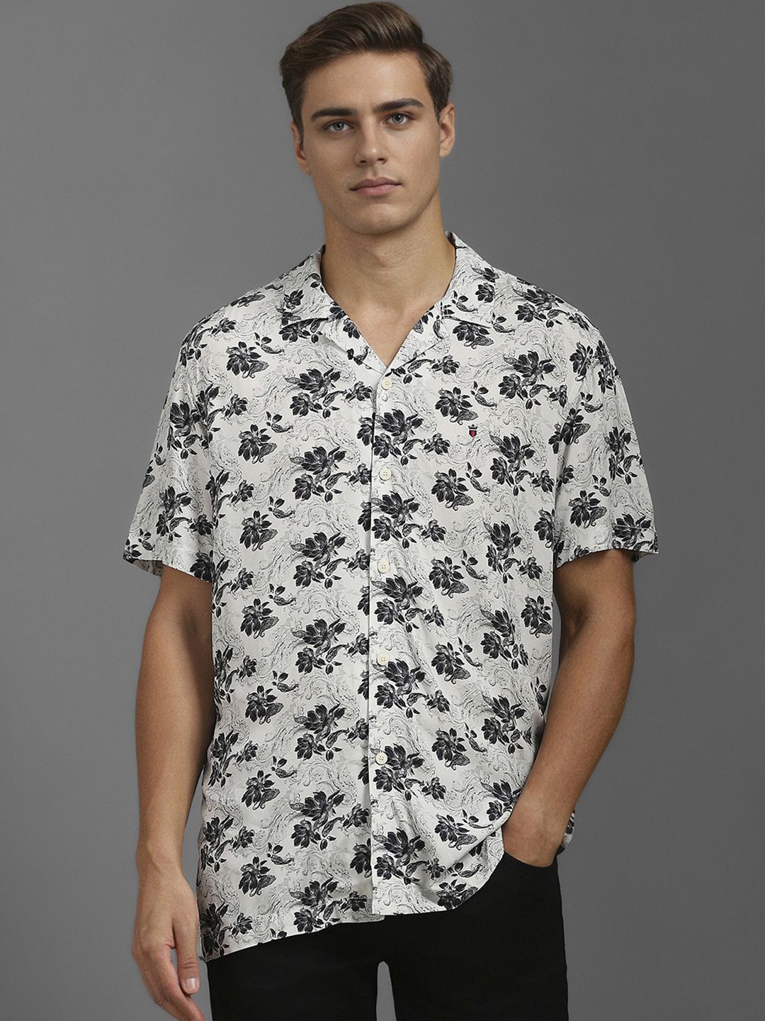 

Louis Philippe Jeans Men Cuban Collar Floral Printed Slim Fit Casual Shirt, Grey