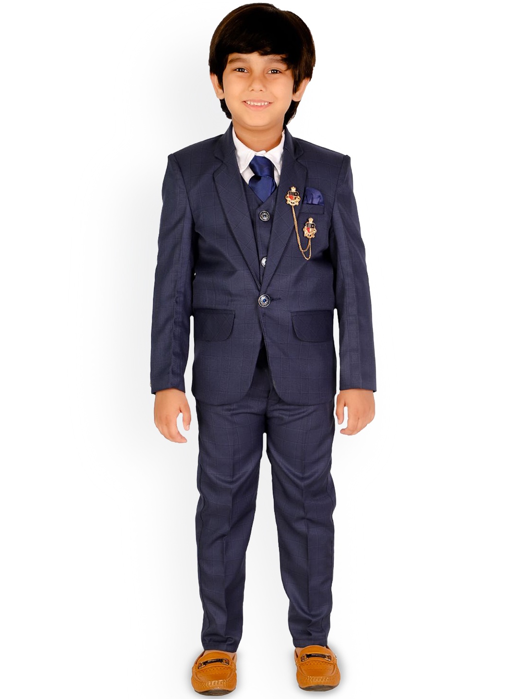 

BAESD Boys 5 Piece Checked Single Breasted Suit, Navy blue