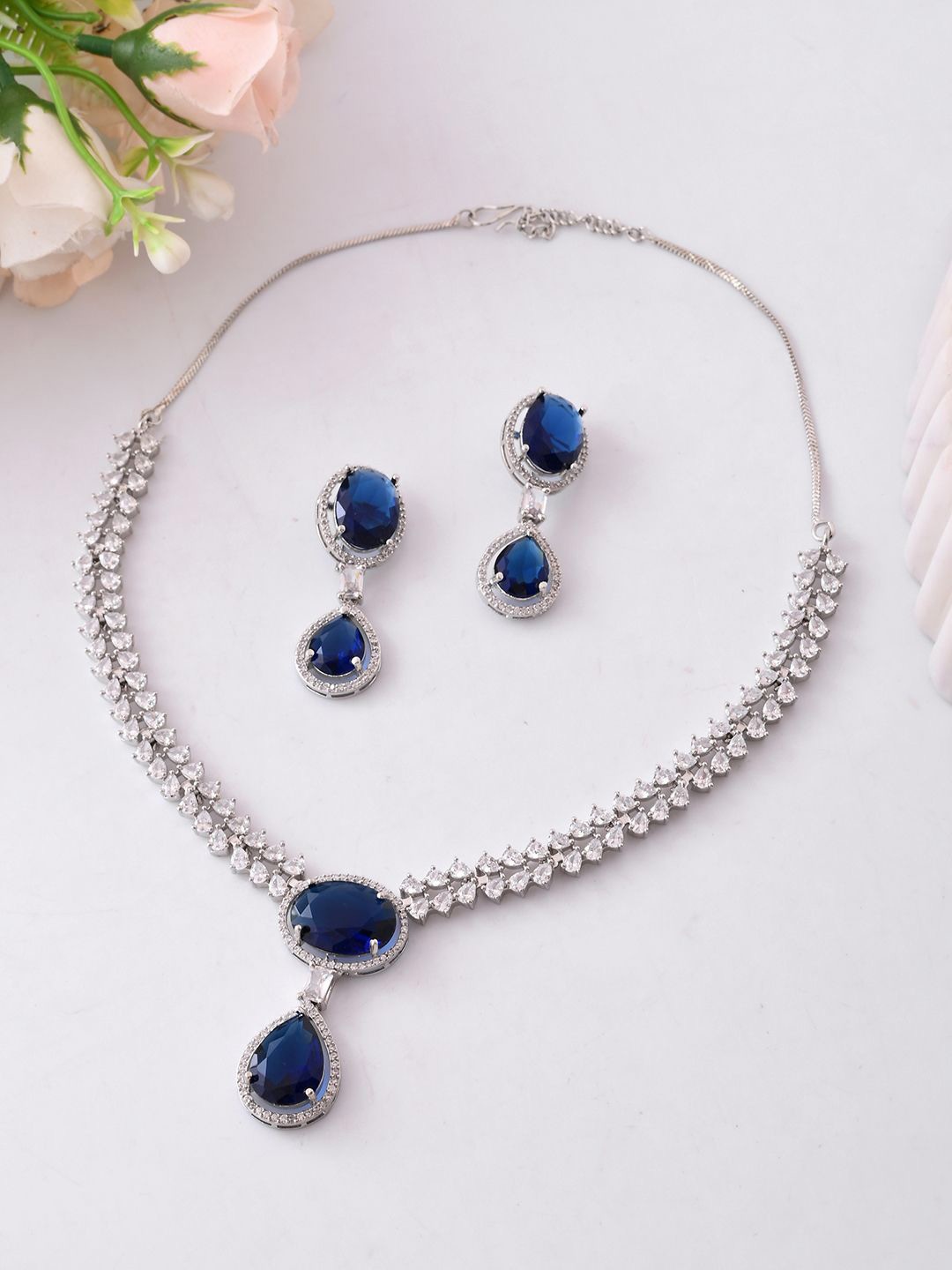 

Voylla Rhodium-Plated American Diamond Stone Studded Jewellery Set, Silver