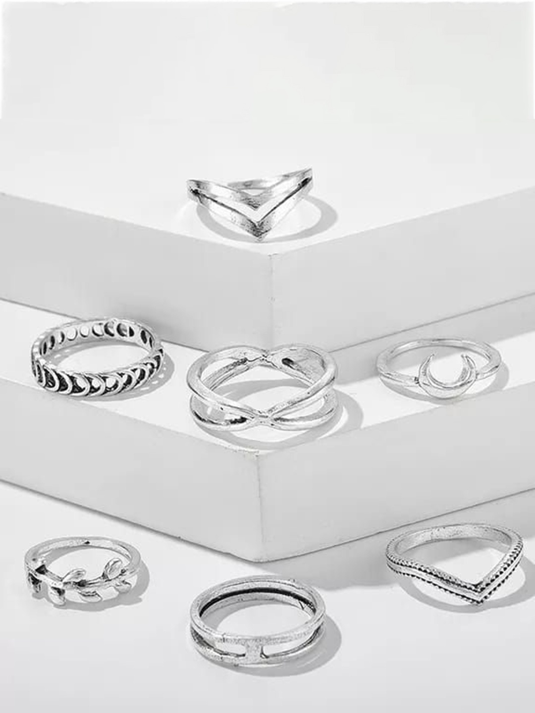 

YU FASHIONS Set Of 7 Sliver-Plated Stainless Steel Crescent Moon Finger Ring, Silver