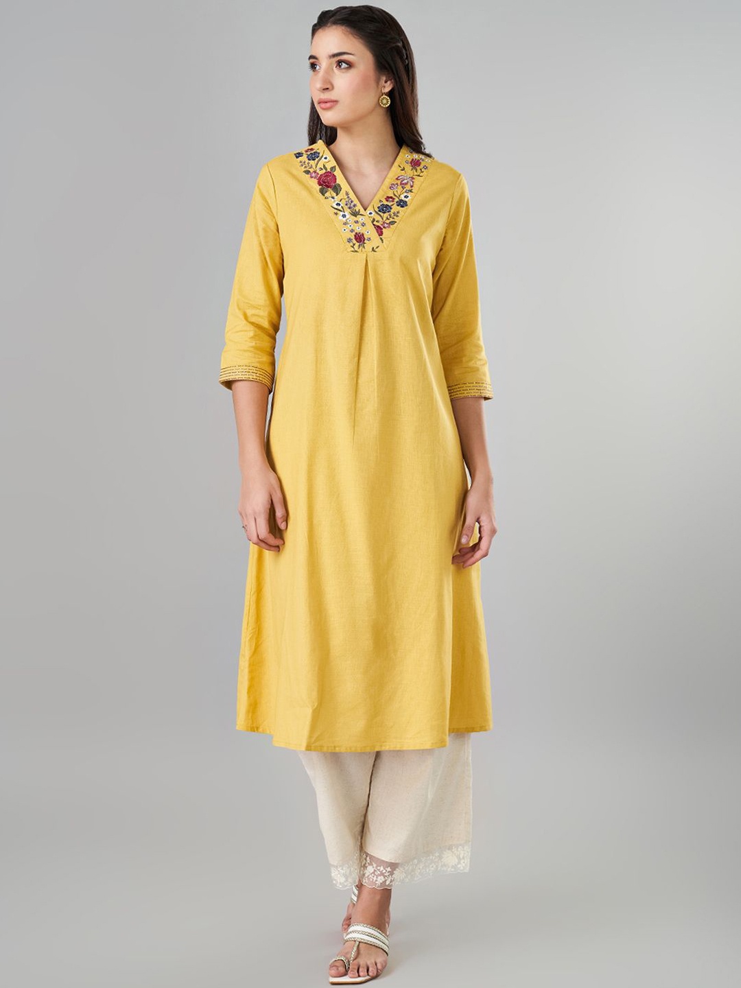 

RANGMANCH BY PANTALOONS Floral Yoke Design Thread Work V-Neck Cotton Linen A-Line Kurta, Yellow