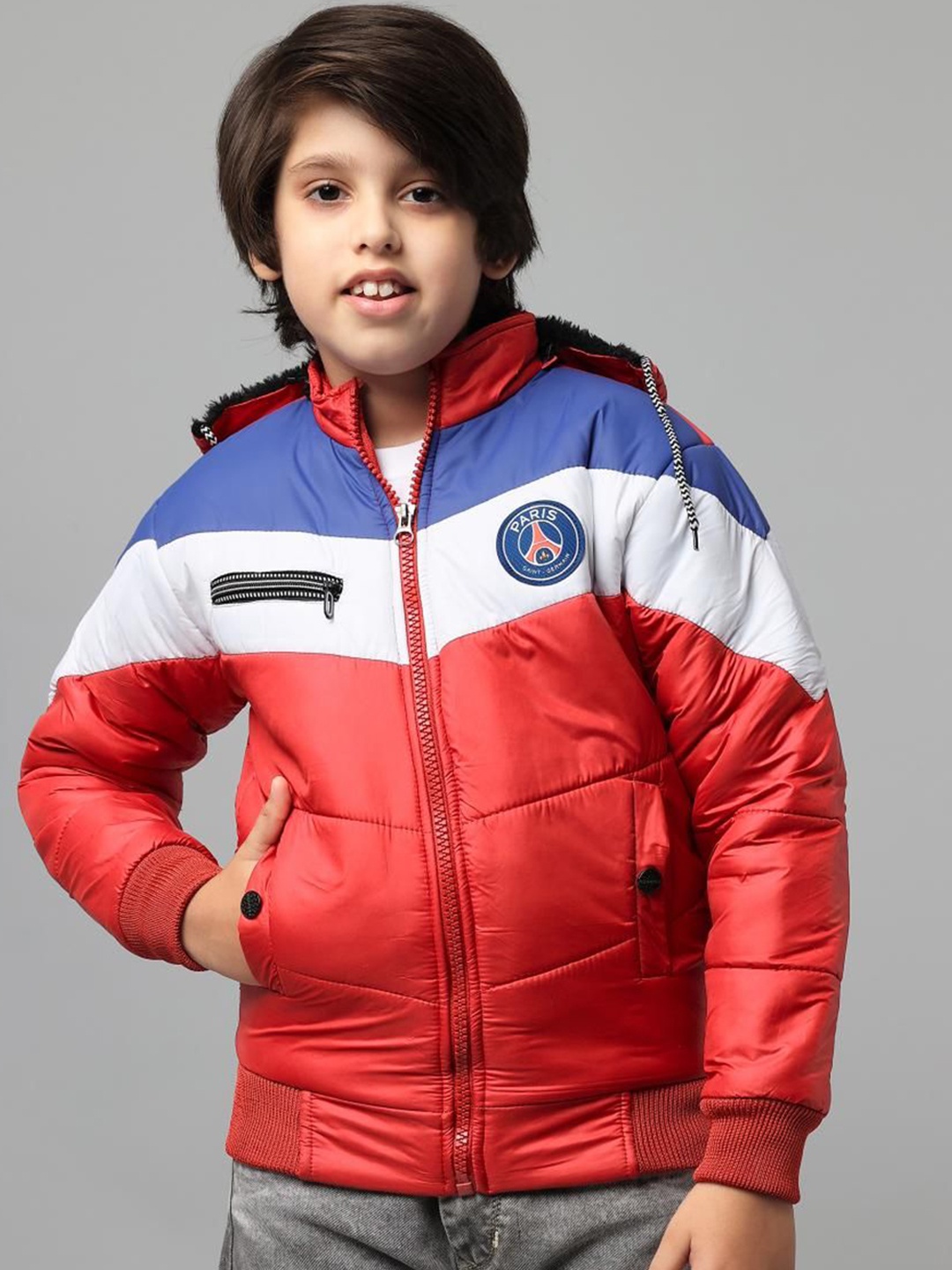 

Anixa Boys Mock Collar Colourblocked Casual Padded Jacket, Red