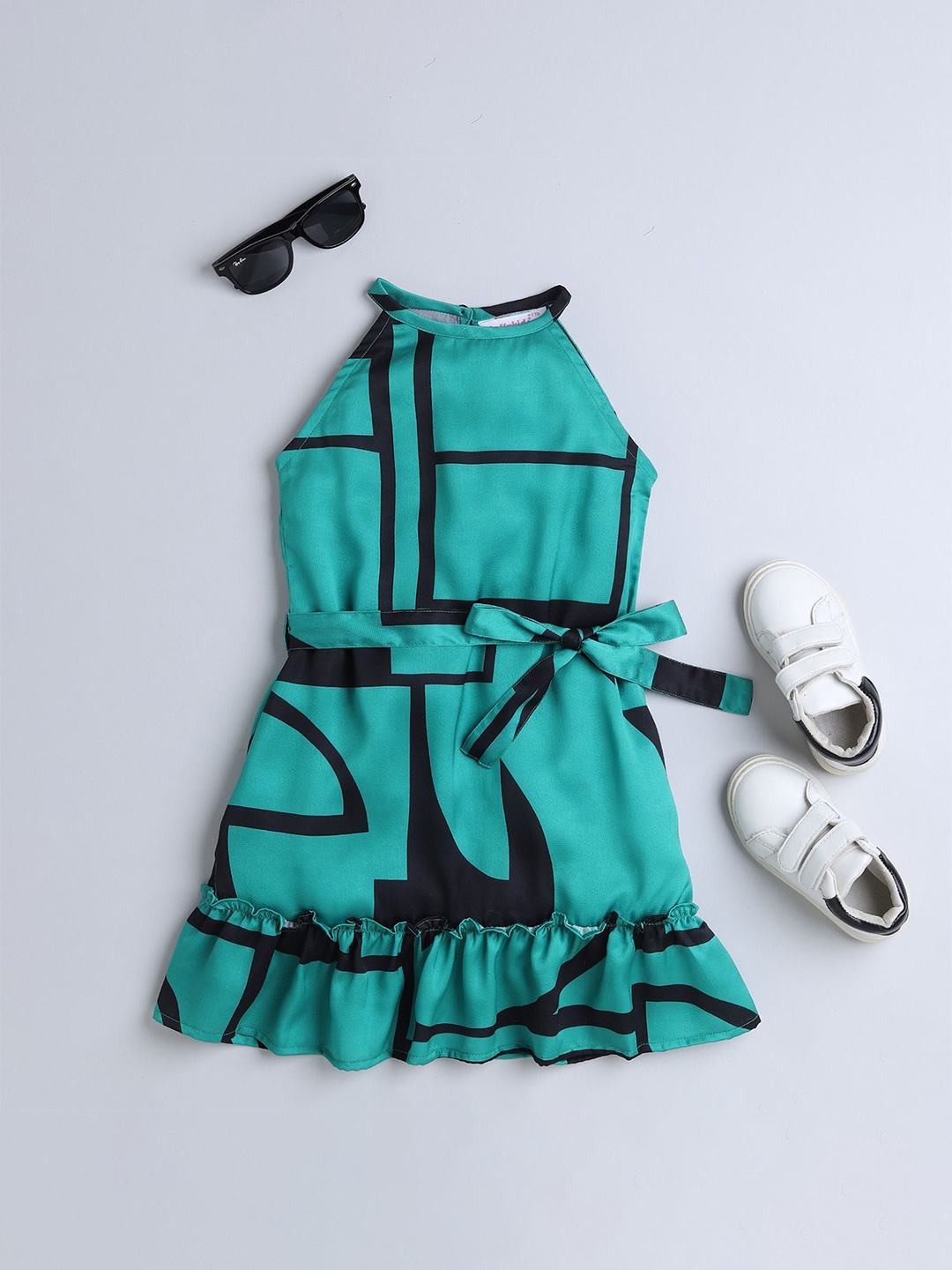 

taffykids Girls Printed Halter Neck Satin A-Line Dress, Teal