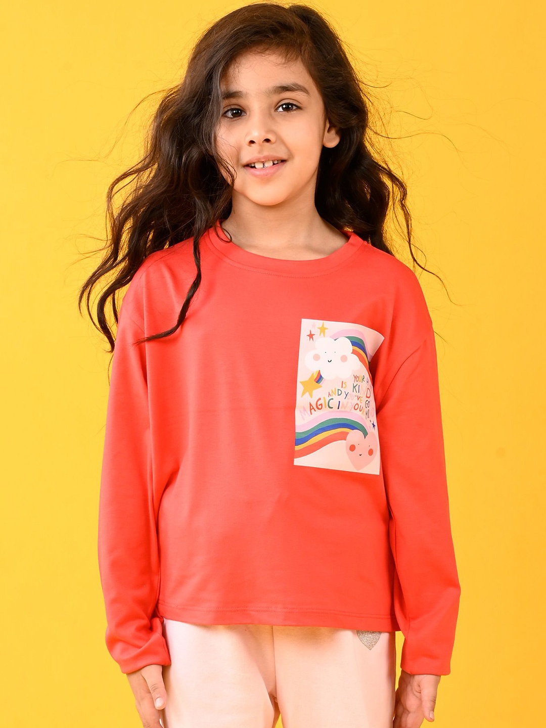

Anthrilo Girls Graphic Printed Round Neck Cotton T-shirt, Red