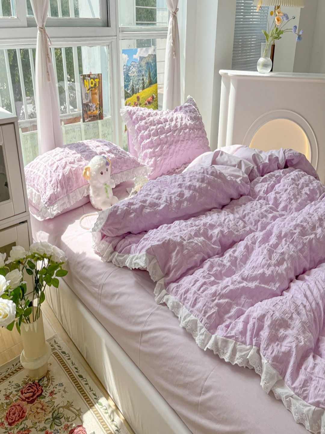 

JC HOME Purple & White Ethnic Motifs Polycotton 3 Piece Double Queen Regular Bedding Set