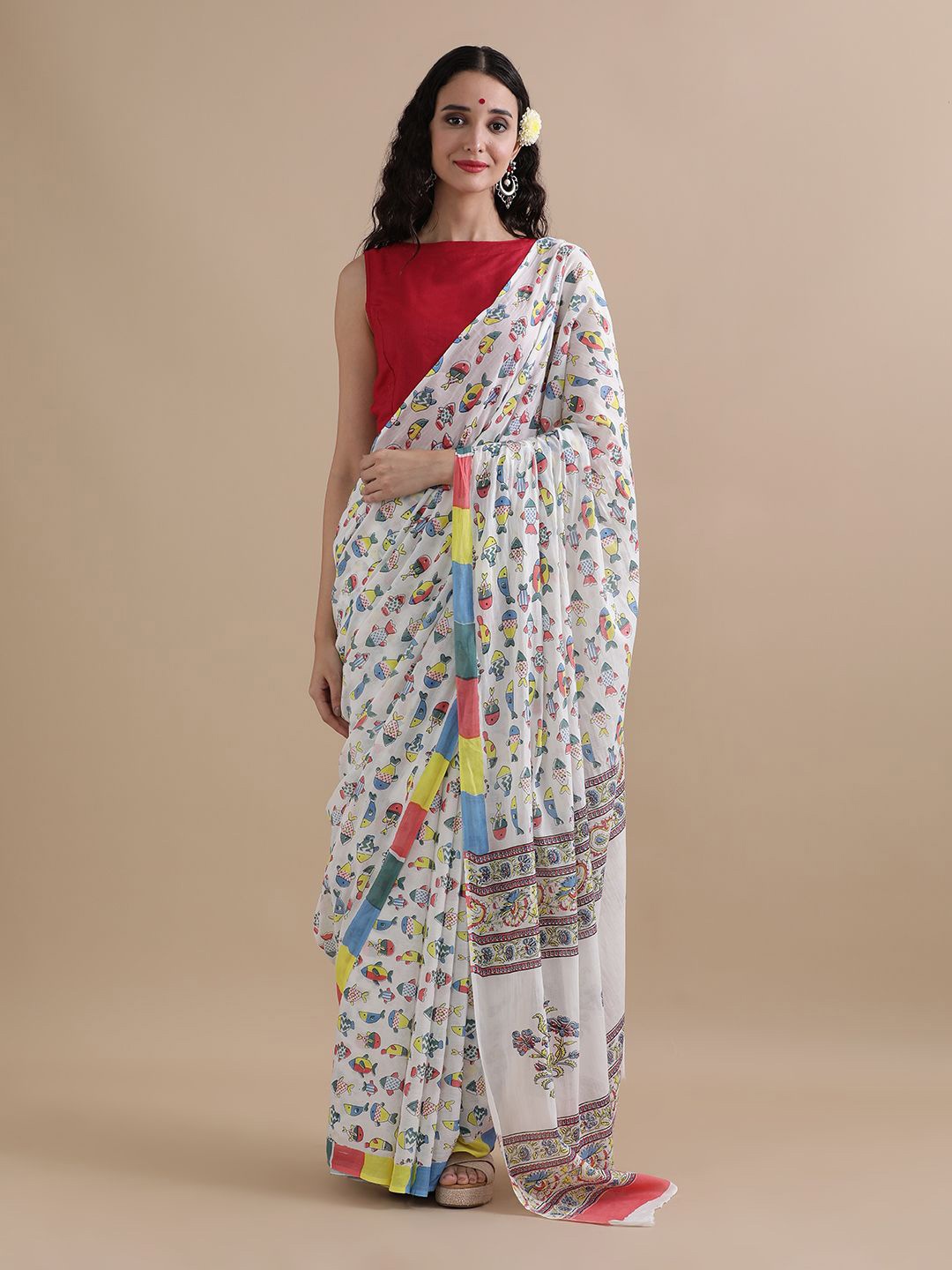 

Jaipur Kurti Abstract Printed Cotton Saree, White