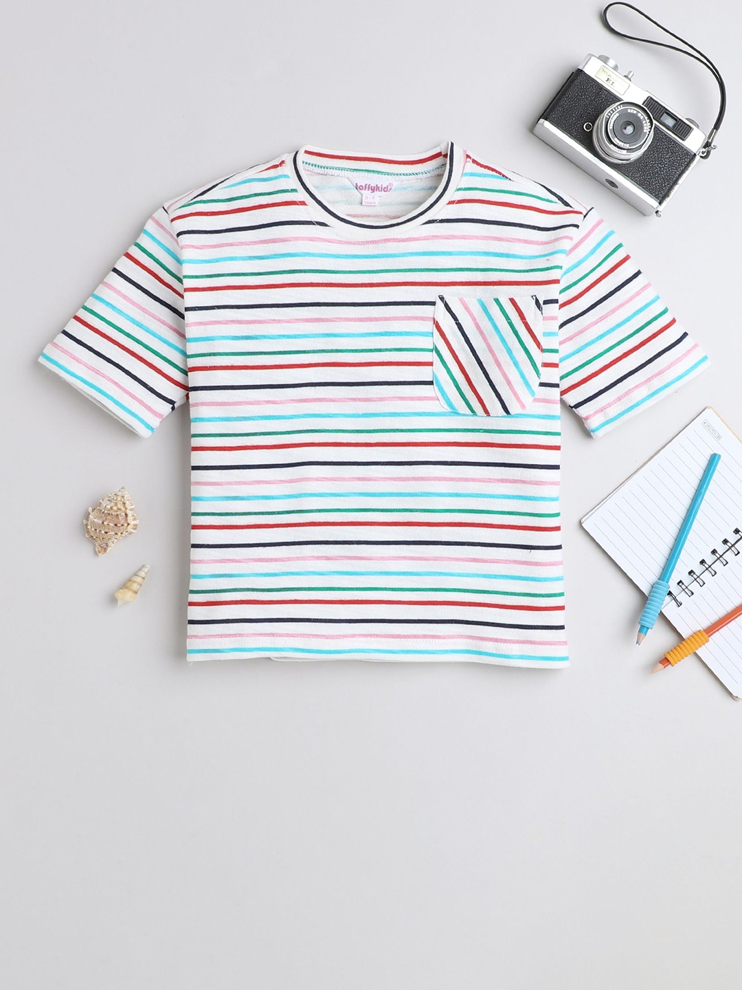 

taffykids Girls Horizontal Stripes Striped Regular Top, White