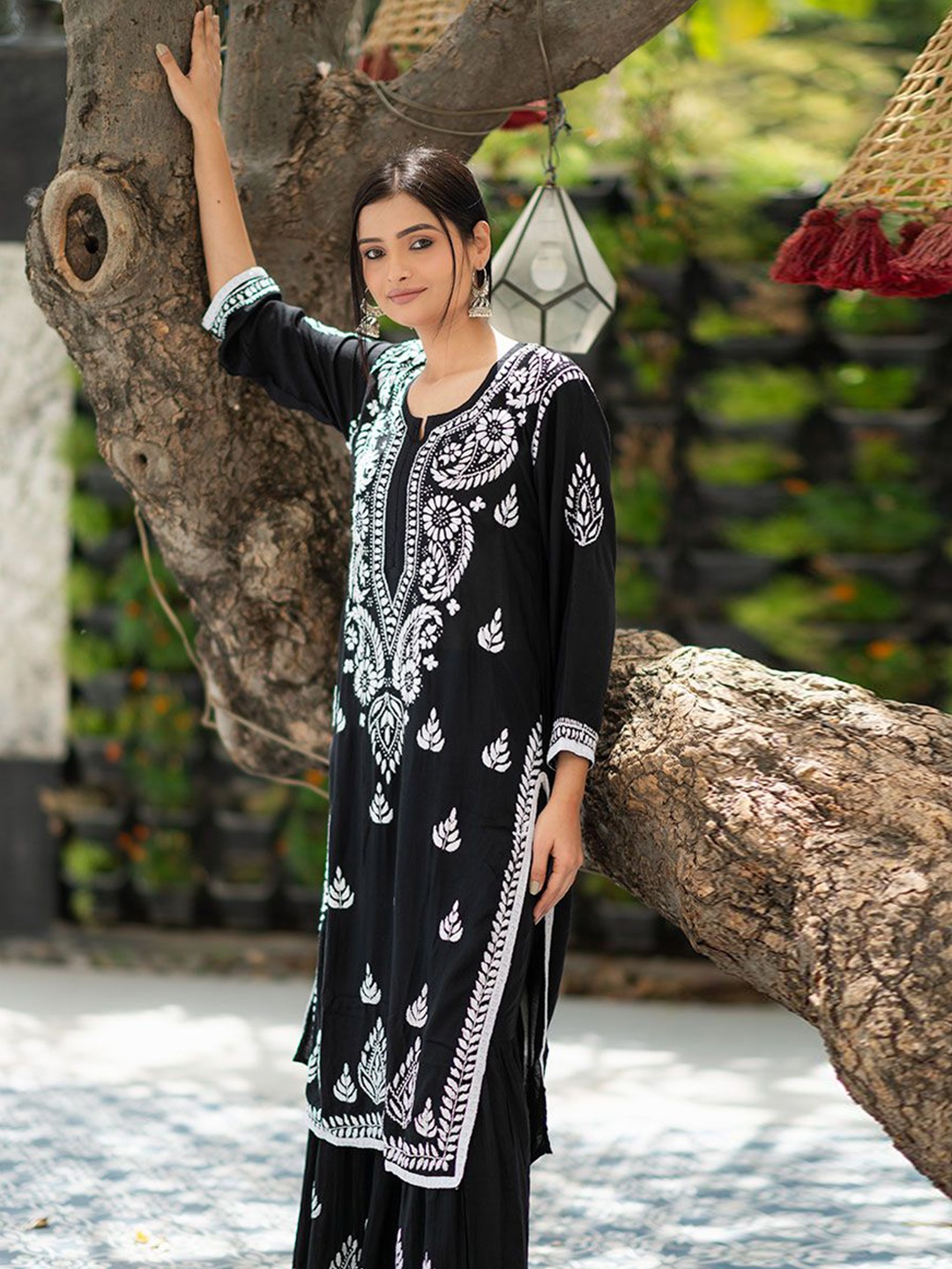 

Rangreza Ethnic Floral Embroidered Gharara Lace Pure Cotton Straight Kurta With Sharara, Black