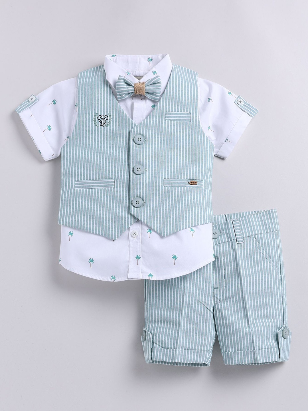 

LITTLE COLLARS Boys Floral Printed Pure Cotton Shirt With Shorts With Waistcoat, Green