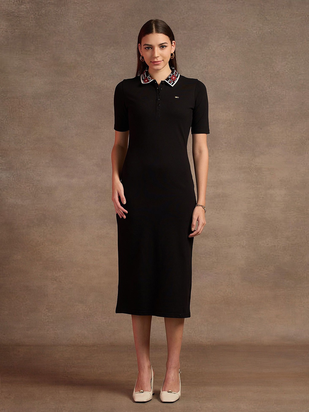 

U.S. Polo Assn. Women Cotton Shirt Collar Sheath Midi Dress, Black