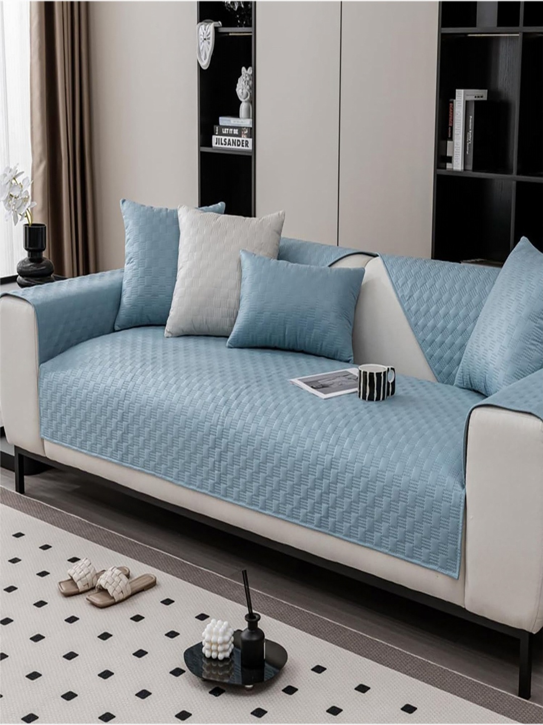

HOUSE OF QUIRK Blue Textured Four Seater Luxury Waterproof Anti-Slip Sofa Cover
