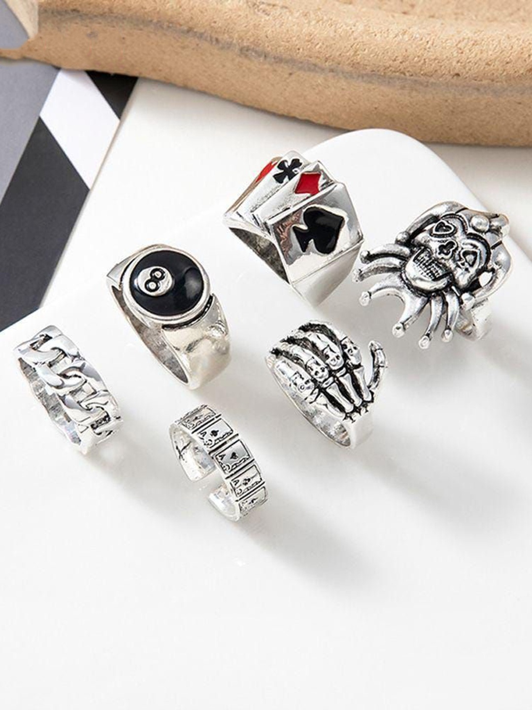 

YU FASHIONS Set Of 6 Silver-Plated Stainless Steel Finger Ring
