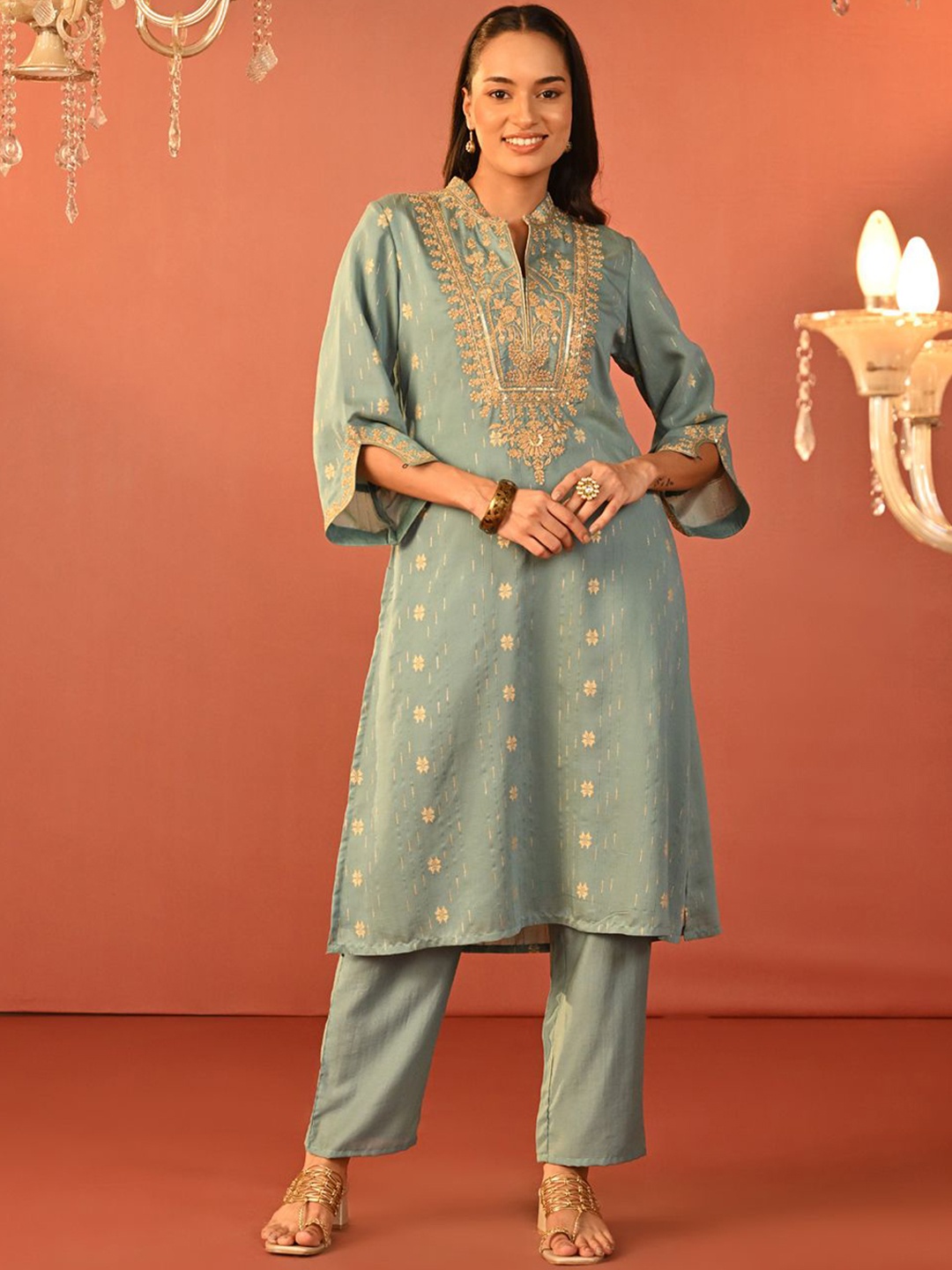

Lakshita Embroidered Mandarin Collar Three-Quarter Sleeves Top With Trouser, Green