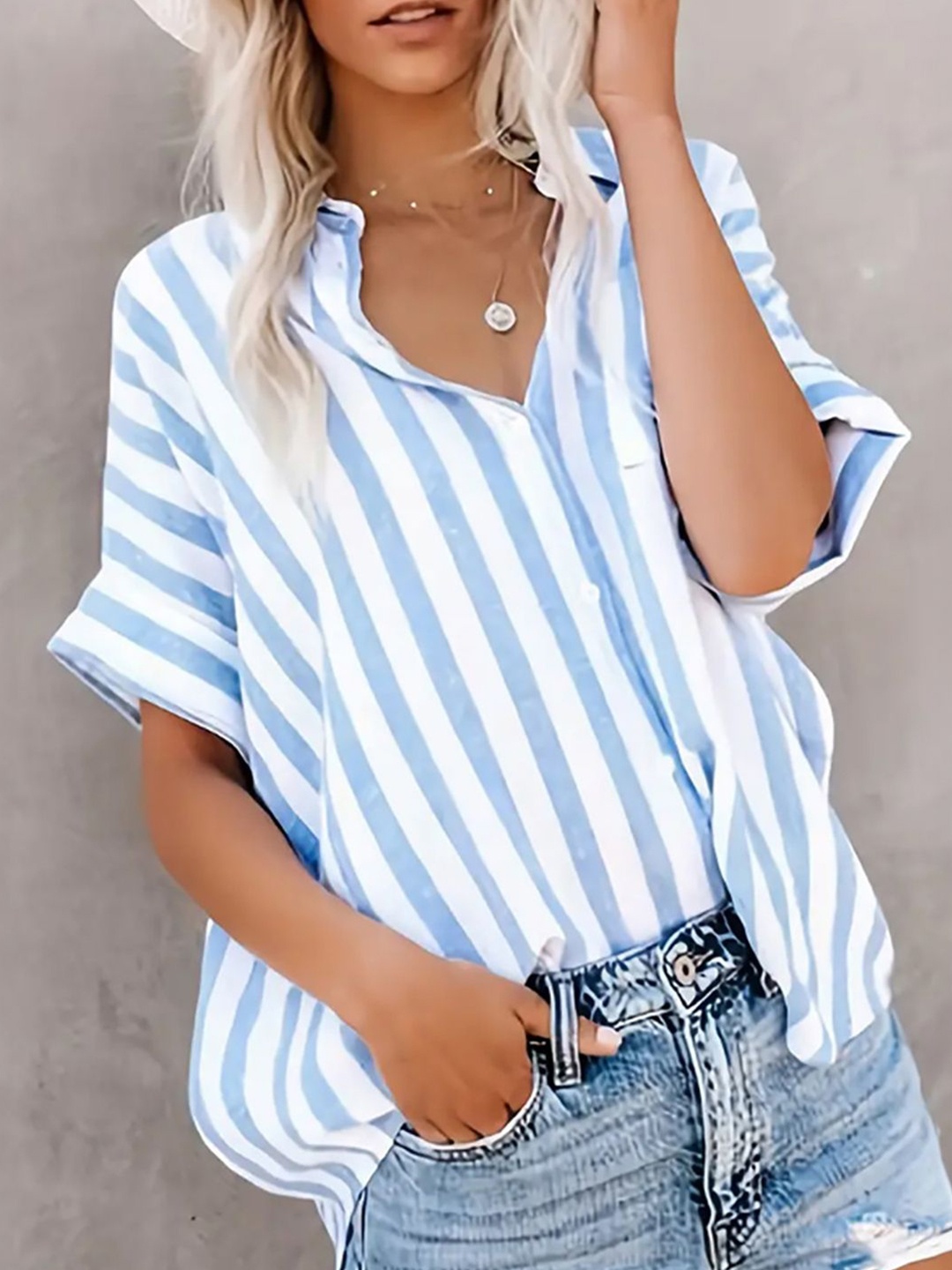 

StyleCast x Revolte Women Spread Collar Multi Striped Casual Shirt, Blue