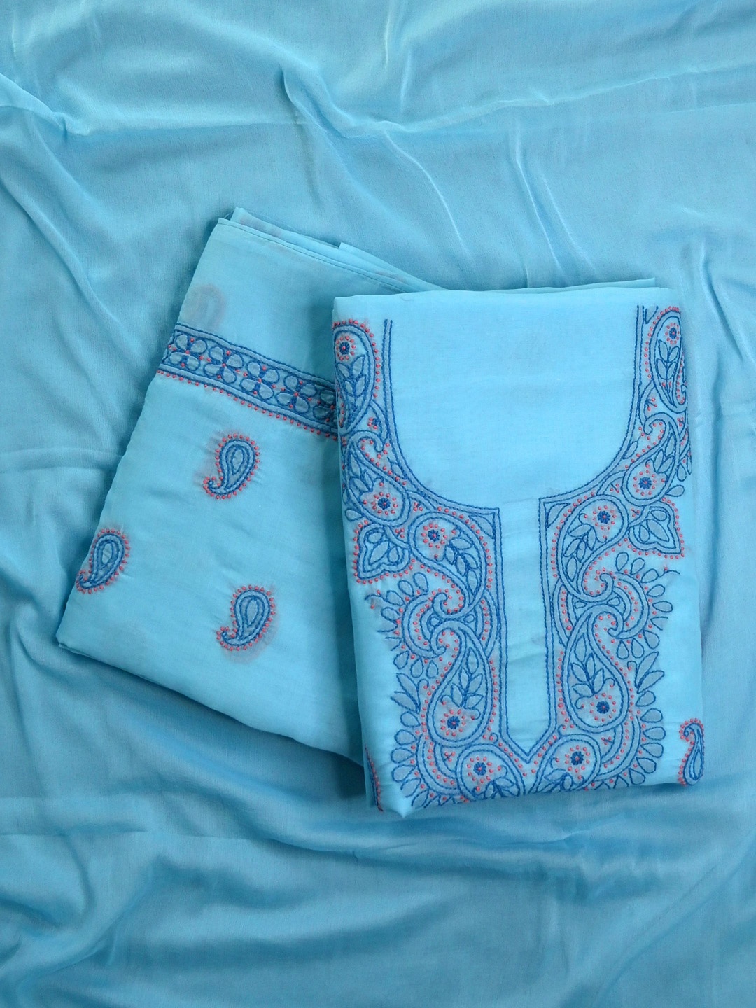 

Seva Chikan Paisley Embroidered Unstitched Dress Material, Blue