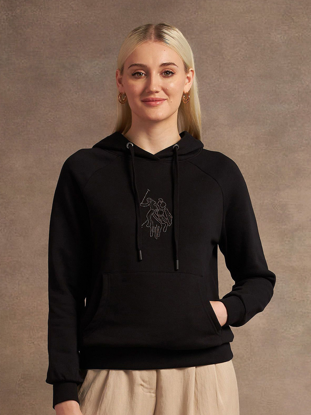 

U.S. Polo Assn. Women Embroidered Cotton Logo Hooded Sweatshirt, Black