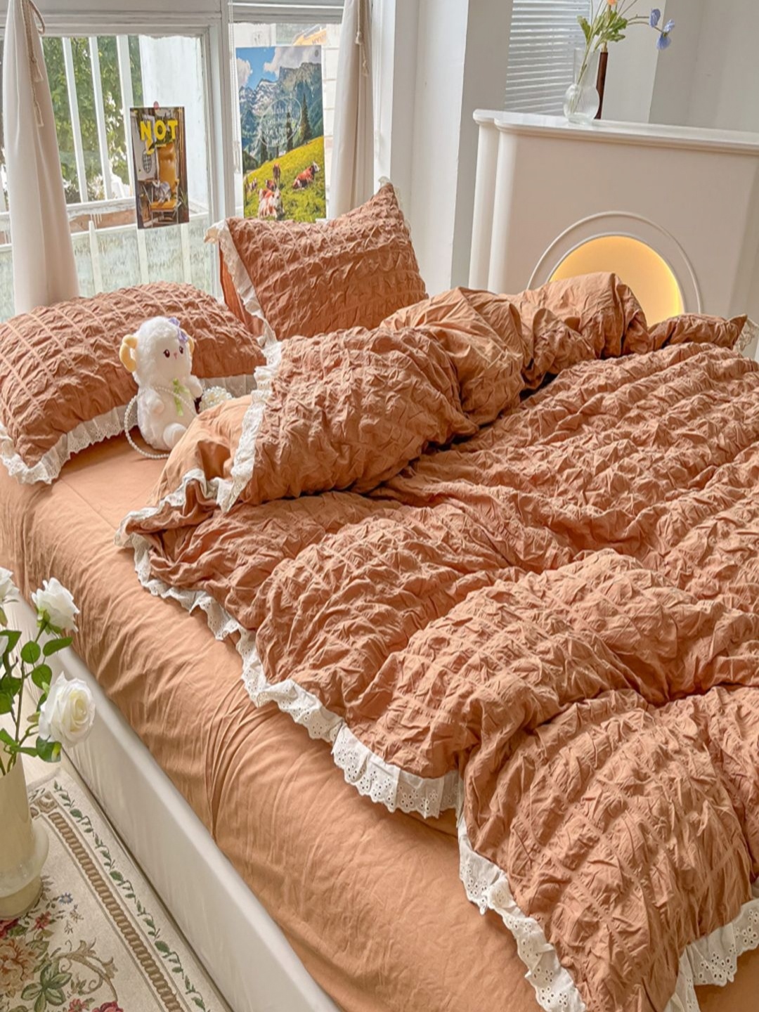 

JC HOME Orange & White Solid Polycotton 3 Piece Double Queen Regular Bedding Set