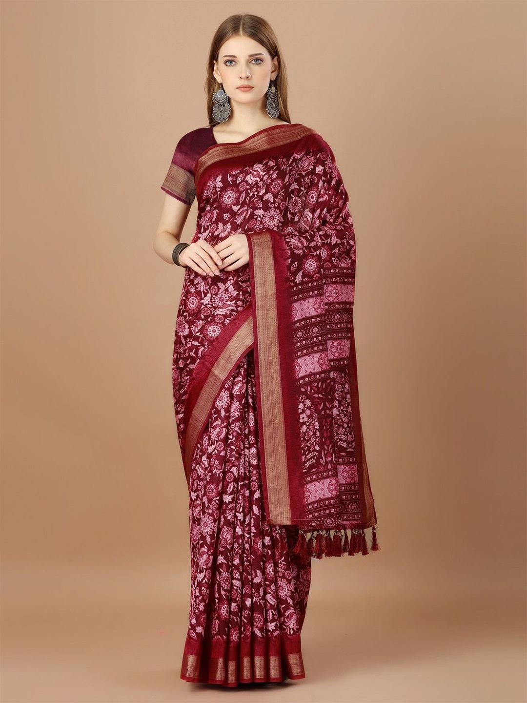 

DIVASTRI Ajrak Block Zari Pure Silk Designer Saree With Viscose border, Maroon