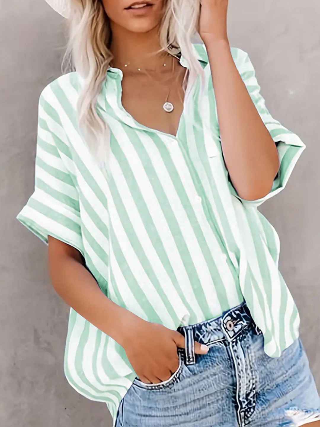 

StyleCast x Revolte Women Spread Collar Multi Striped Casual Shirt, Sea green