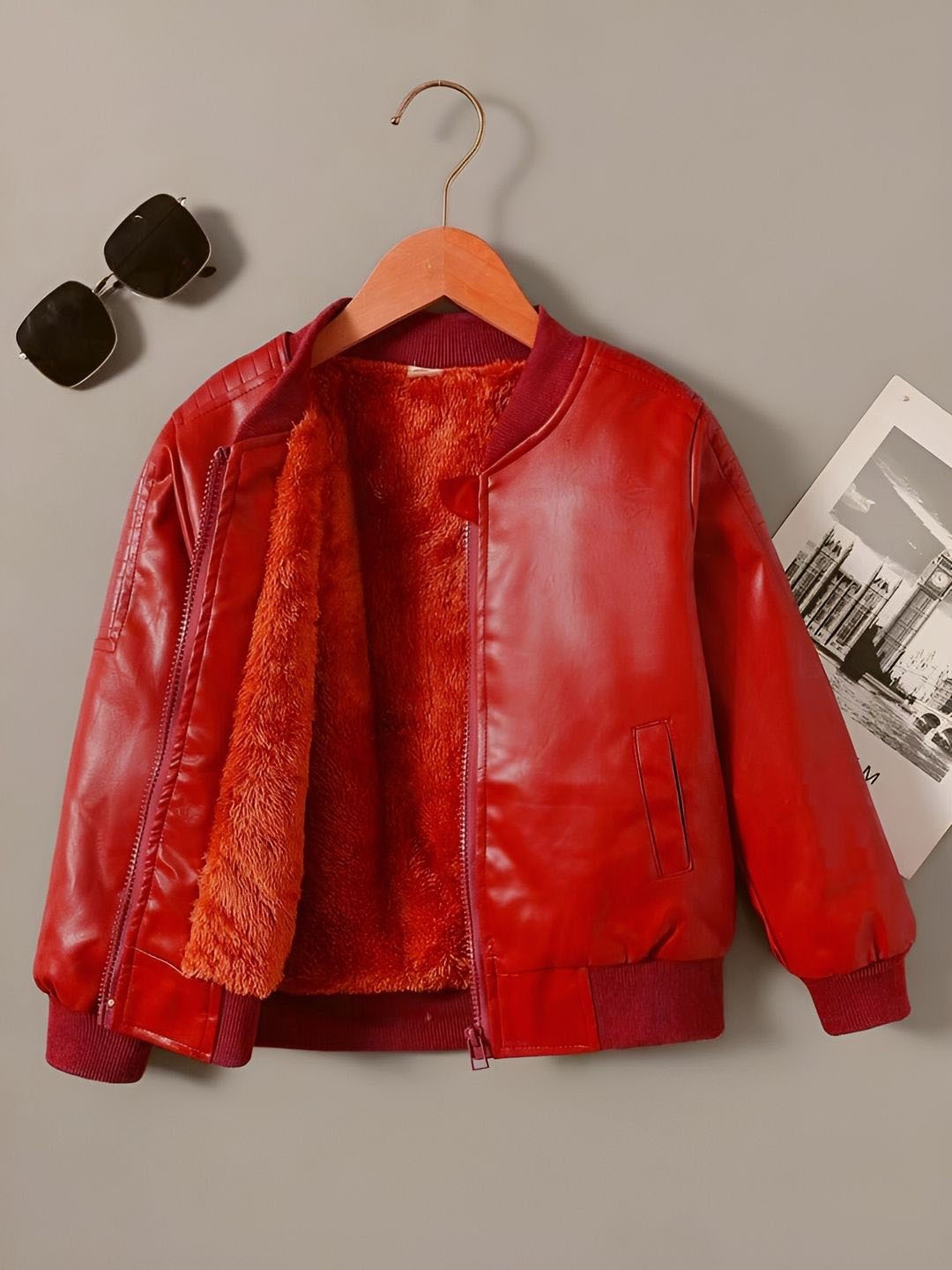 

BAESD Unisex Kids Stand Collar Solid Casual Leather Jacket, Red