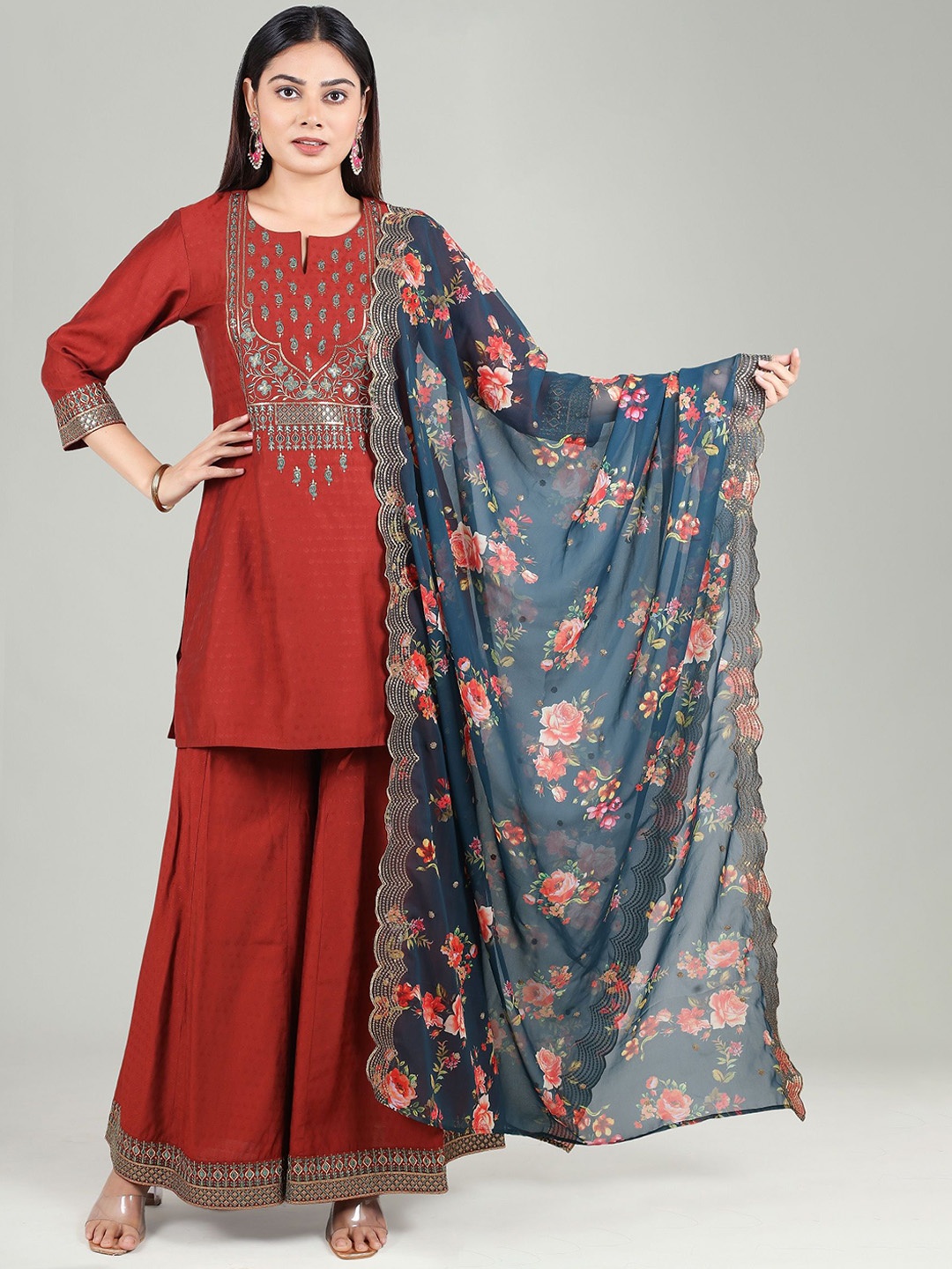 

COTTON CULTURE Floral Embroidered Sequinned Straight Kurta With Palazzos & Dupatta, Rust