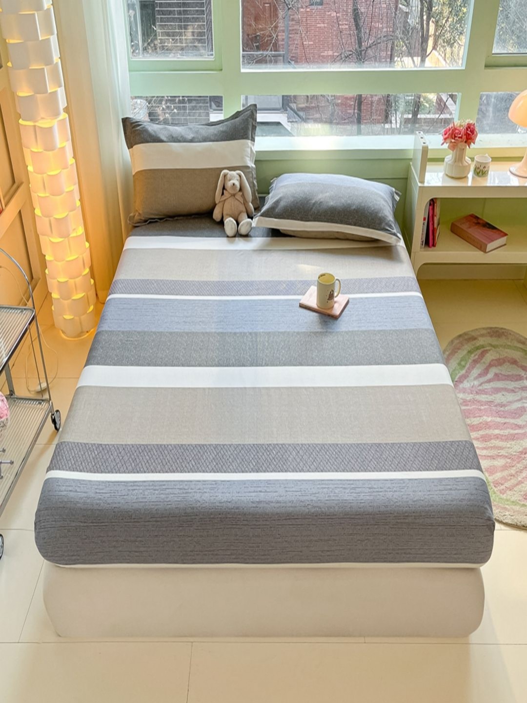 

JC HOME Grey & Brown Striped 220 TC Single Bedsheet with 1 Pillow Covers