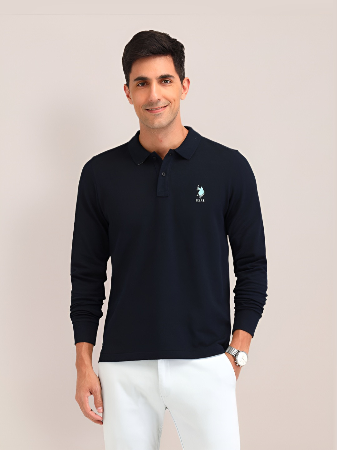 

U.S. Polo Assn. Men Solid Polo Collar Cotton Slim Fit T-shirt, Navy blue