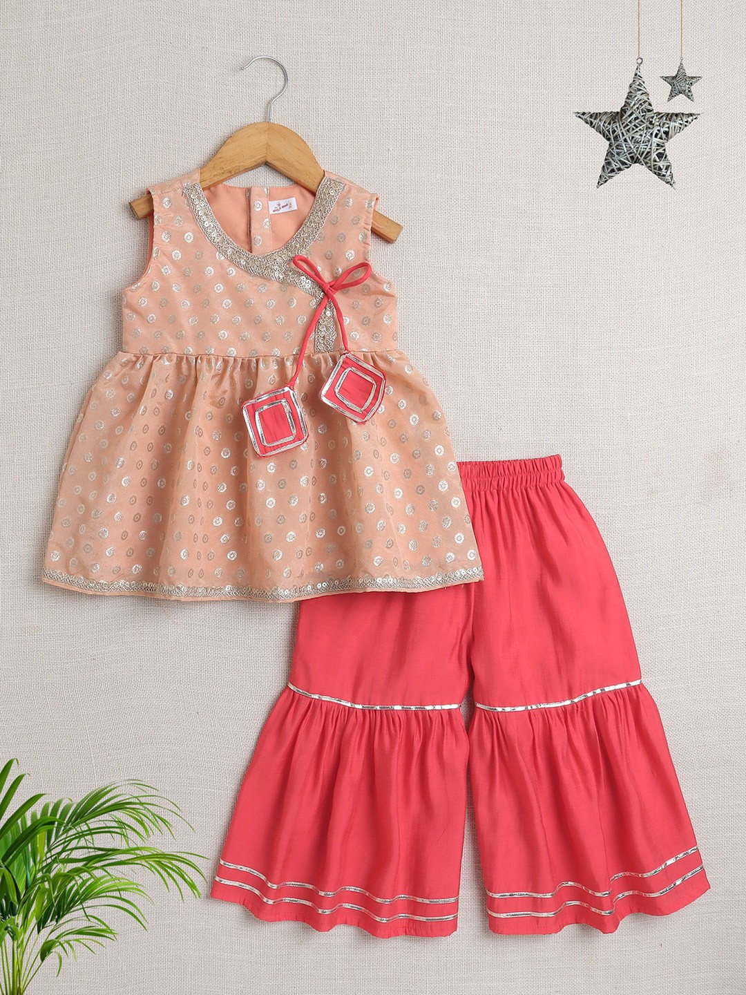 

The Magic Wand Girls Ethnic Motifs Printed Angrakha Sequinned Kurta With Sharara, Peach
