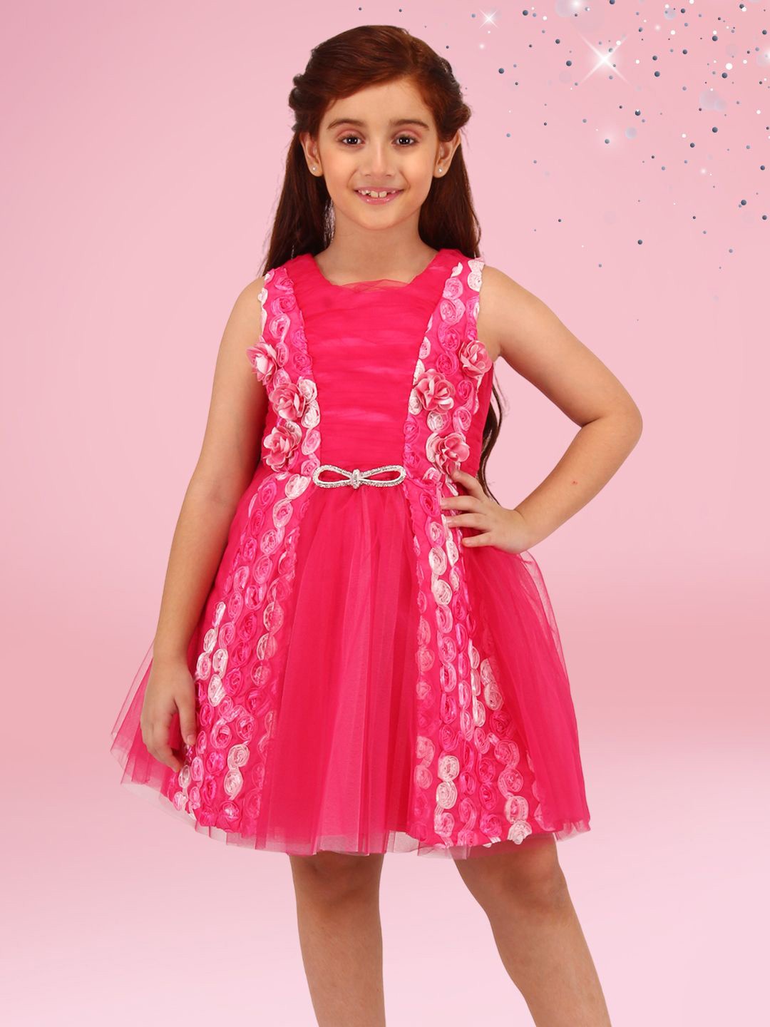 

CUTECUMBER Girls Net Fit & Flare Dress with Applique Detail, Fuchsia