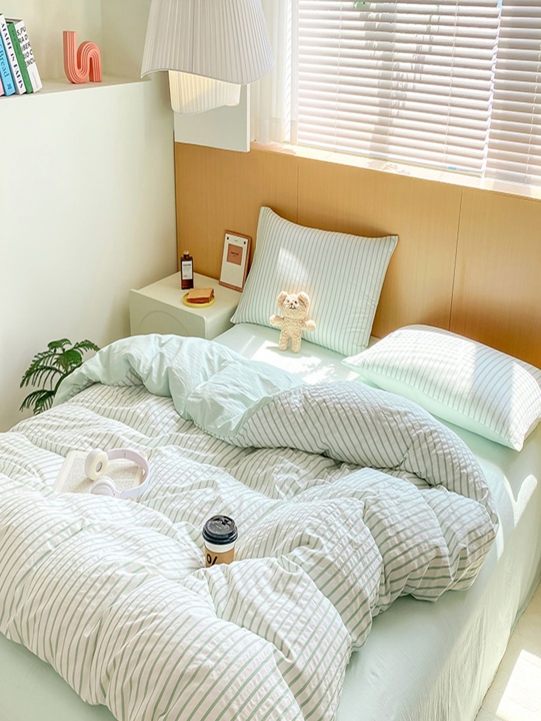 

JC HOME Green & White Striped Polycotton 3 Piece Double King Regular Bedding Set