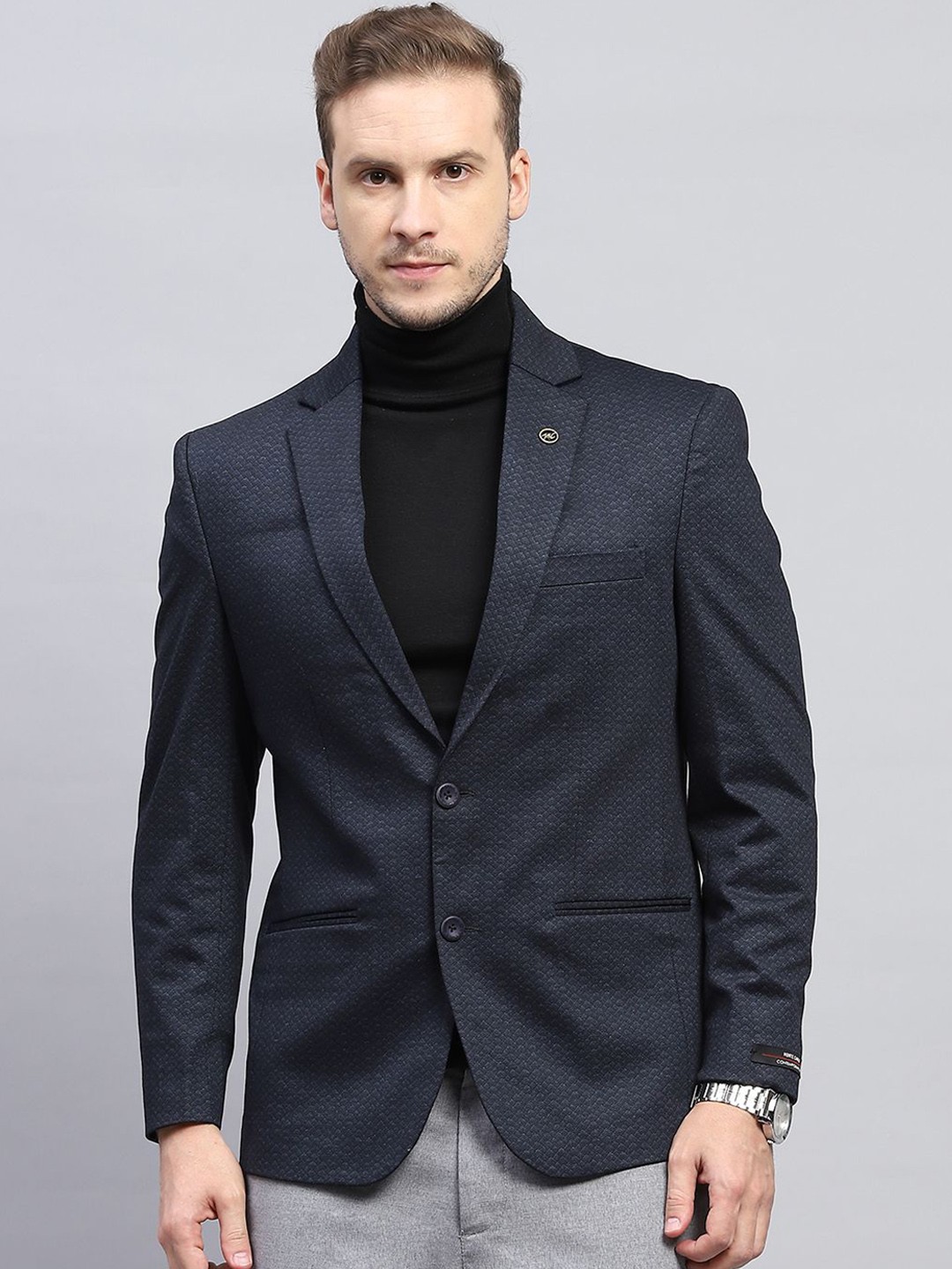 

Monte Carlo Men Shawl Collar Self Design Single-Breasted Blazer, Navy blue