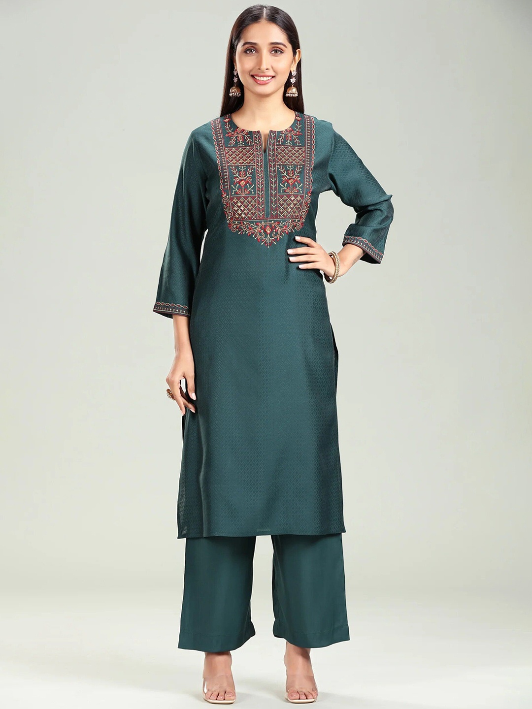 

COTTON CULTURE Embroidered Top With Trouser Co-Ords, Green
